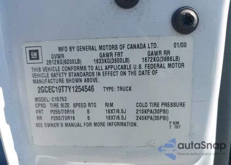 2000 Chevrolet Silverado 1500 Ls из США, поврежденный, VIN 2GCEC19T7Y1254546